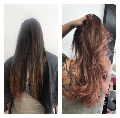 BEFORE AND AFTER ROSE GOLD BALAYAGE AT BEAUTY HAIR SALON COCOA BEACH